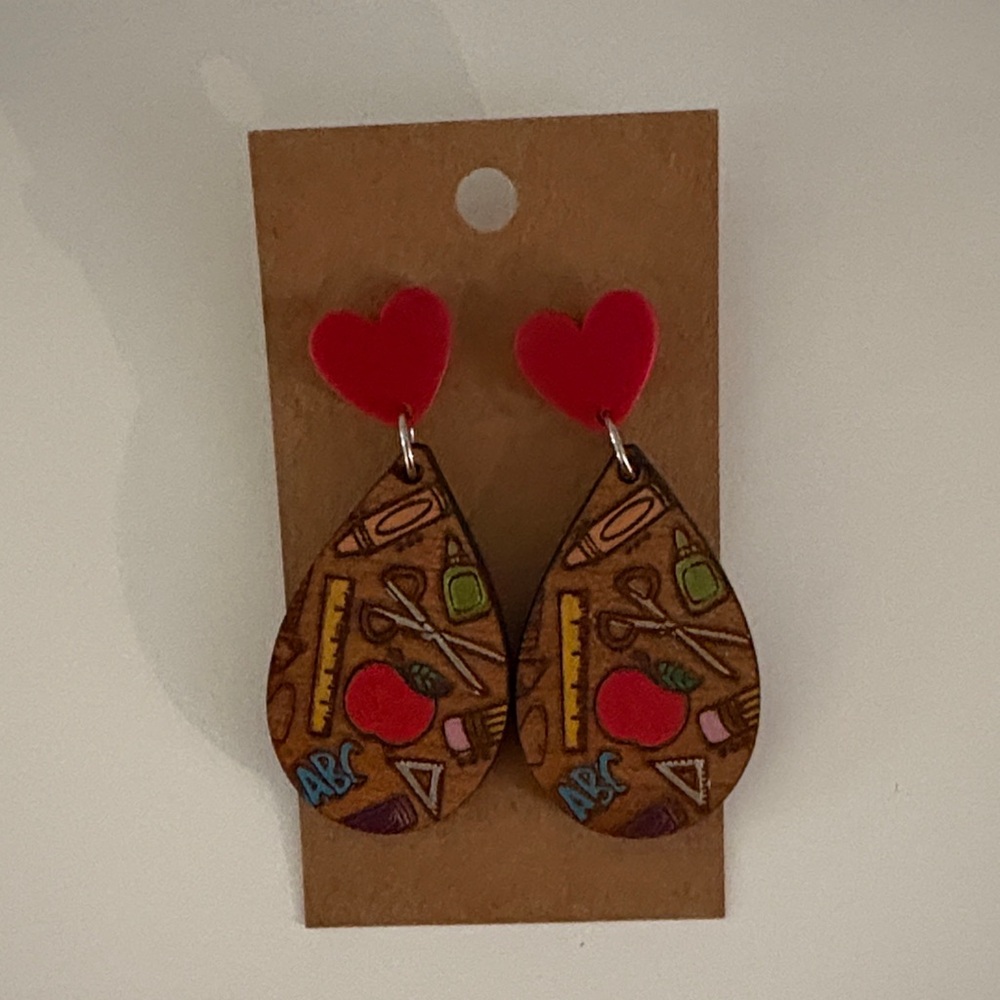 School 🍎 Themed Wooden Earrings with Red Hearts ♥️